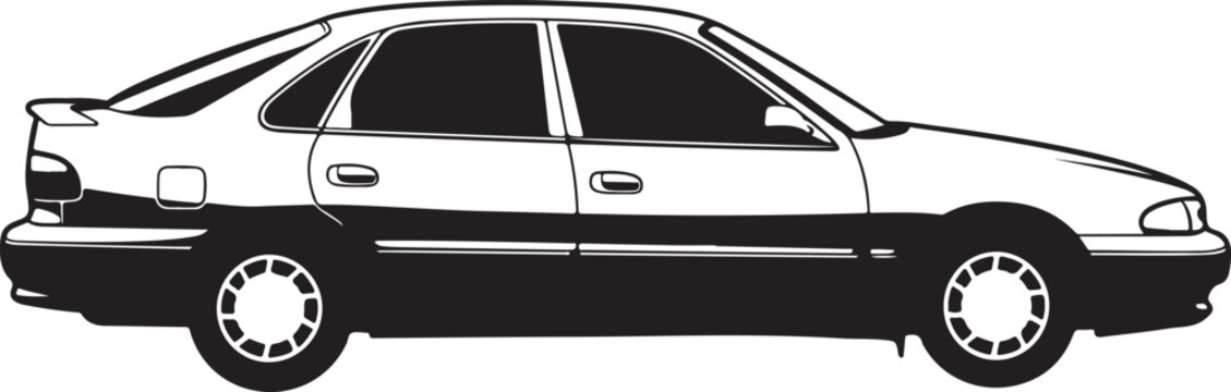 Classic black and white vector illustration of a generic nineties four door sedan hatchback family car silhouette isolated on white background for automotive graphics