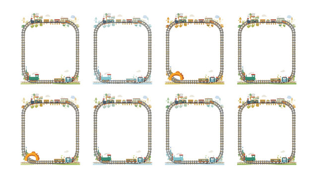 Train Track Frames: A collection of eight square frames, each formed by a train track with various whimsical elements and miniature vehicles, perfect for creative projects.