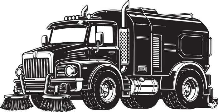 Modern black and white vector illustration of a powerful commercial street sweeper utility truck isolated on white background for industrial automotive graphic design layouts
