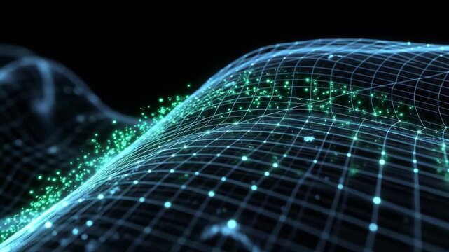 Flowing digital grid with glowing points in luminous style on dark background, concept of data and futuristic tech