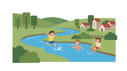 Fototapeta premium Kids Playing in River, Cartoon Illustration