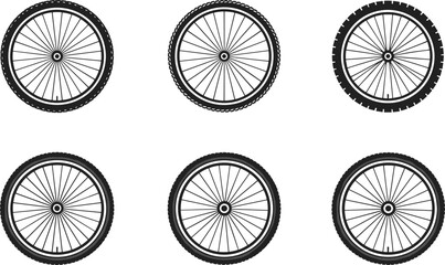 Fototapeta premium Bicycle wheel and tire vector icon set, isolated bike spoke symbols, mountain transport rubber tread configurations, cycling racing sport equipment, and mechanical element design.