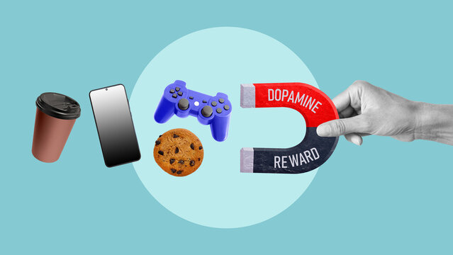 Dopamine reward system in human brain showing neural pleasure pathways motivation reinforcement learning emotional response and behavioral psychology concept of addiction and happiness mechanism