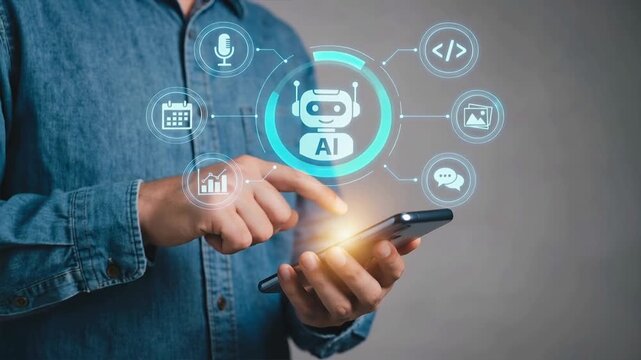 A person interacting with a smartphone displaying AI technology and icons, symbolizing modern digital communication.