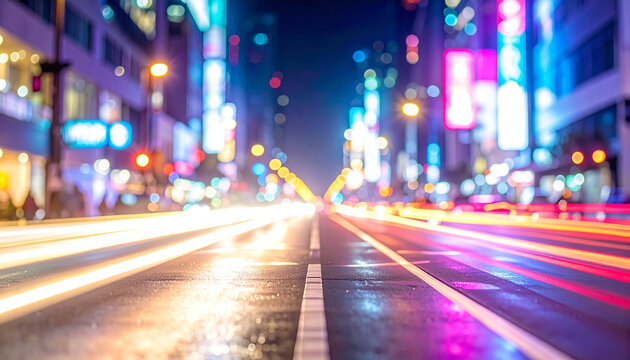 Blurred light trails move swiftly down a busy city street at nighttime