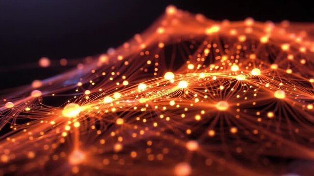 Glowing energy strands forming bright nodes in digital style on dark background, concept of connectivity and data flow