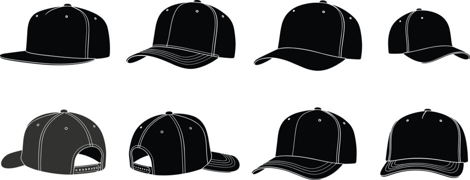 Baseball cap silhouette vector icon set, blank snapback hat templates from different angles, sportswear clothing apparel accessories, and headwear mock up design.