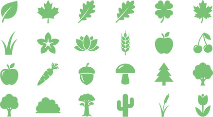 Green nature and botany flat icon set, vector foliage silhouette symbols, forest trees, organic plants, garden fruits, and eco environment web design elements. © MdRasel