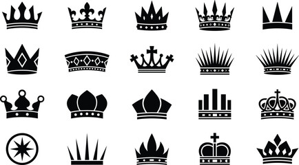 Royal crown black silhouette vector icon set, vintage king and queen tiara symbols, majestic emperor authority rewards, luxury empire luxury graphic design elements. © MdRasel