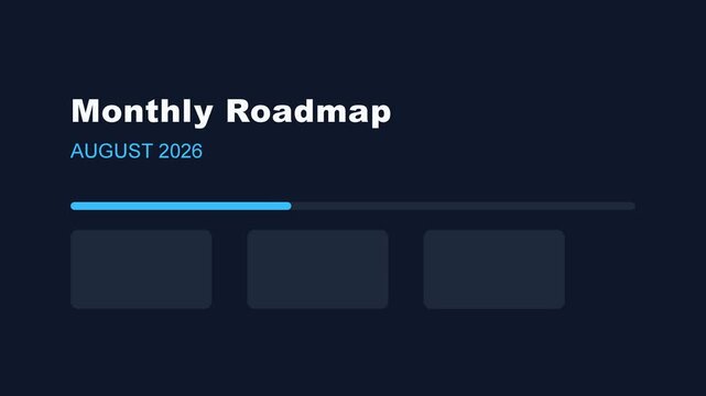 A clean digital interface displaying a monthly roadmap for August 2026, featuring a progress bar indicating project advancement and three rectangular task boxes for strategic business planning