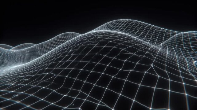 Wavy luminous mesh surface over dark background in digital style, expressing concept of data flow and dynamic technology