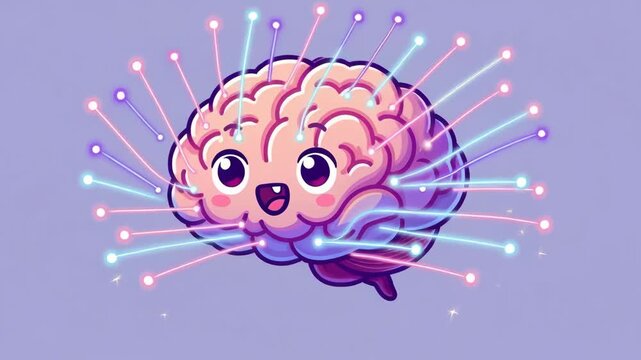 Cute smiling brain with glowing lines in cartoon style on pastel backdrop, symbolizing creativity and imagination