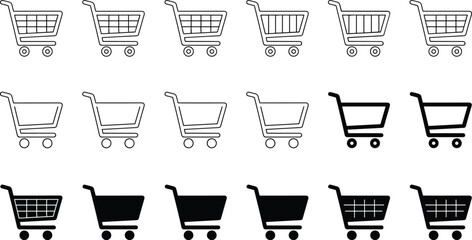 Shopping cart vector icon set, outline and solid silhouette supermarket basket symbols, e-commerce retail store checkout elements, and online business marketing graphic. © MdRasel