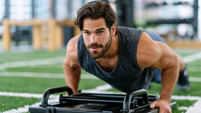 Male athlete performing sled push on turf in performance training facility, low athletic stance, effort expression, body recomposition sports performance phase, strength conditioning, turf gym, comp