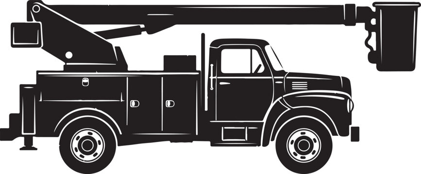 Vintage bucket lift utility truck vector illustration icon side view isolated on white background for electrical maintenance industrial crane service and cherry picker construction design