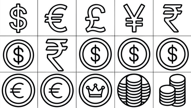 Comprehensive Vector Icon Set of Global Currency Symbols and Coins in Minimalist Outline Style. Featuring Dollar, Euro, Pound, Yen, and Rupee Signs, Coin Stacks, and Finance Graphic Elements.