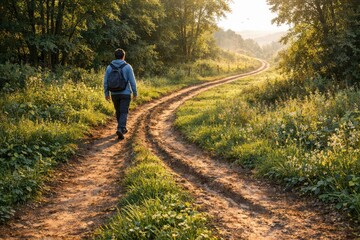 Fototapeta premium A man walks along a winding dirt road surrounded by dense woods, perfect for a scenic route or outdoor adventure