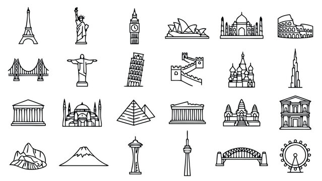24 Minimalist Monoline Outline Icons of Famous World Landmarks: Eiffel Tower, Statue of Liberty, Taj Mahal, Colosseum, Pyramids, Great Wall, Sydney Opera House, Burj Khalifa, and Global Monuments.