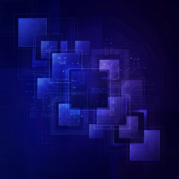 Dark blue background with futuristic tech squares and digital network communication lines for modern business wallpaper design.