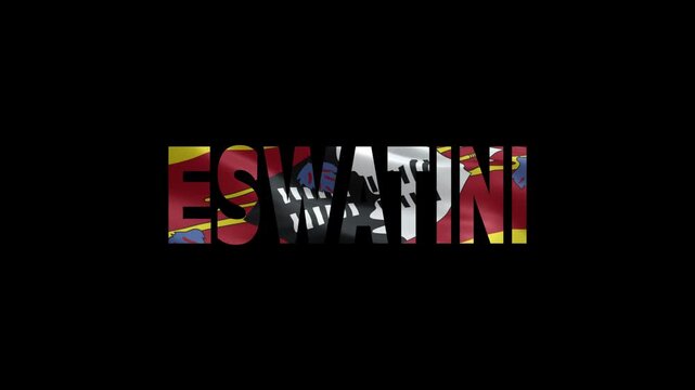 Eswatini country name in colorful 3D letters with national flag patterns on black background