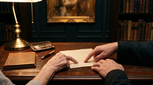 Senior Client and Attorney Reviewing Legal Document Together on Leather Desk in Private Library With Brass Lamp, Gold Pen, Eyeglasses, and Antique Books