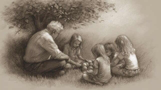 Sepia-toned illustration depicts a grandfather sharing fruit with four granddaughters under a tree