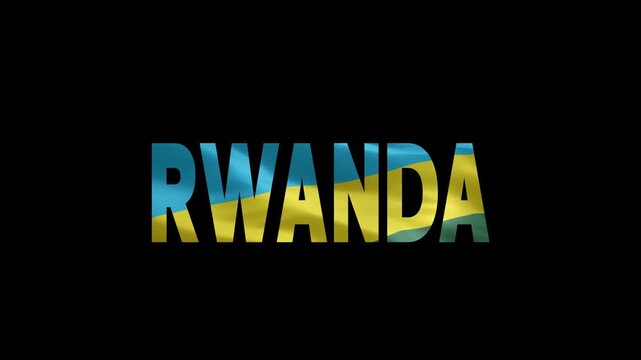Rwanda country name in bold yellow and blue 3D letters on black background with national flag colors