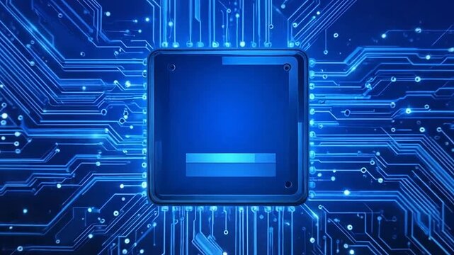 A glowing blue central processor on a complex digital circuit board