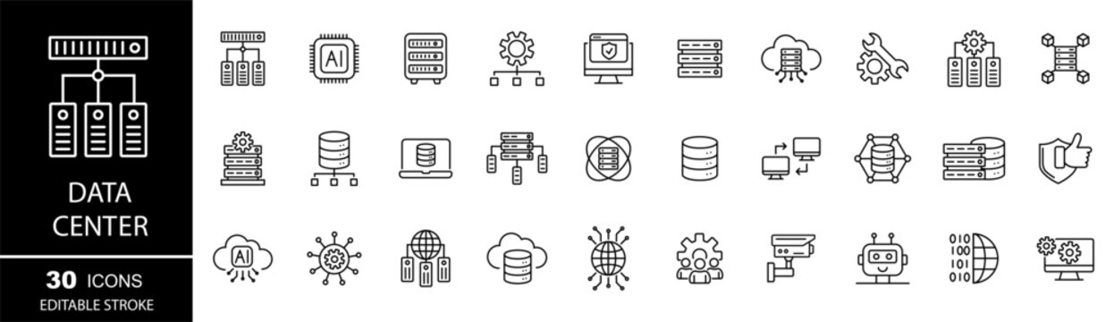 Data center icon set. Server, hosting, infrastructure, cloud storage, server rack, virtualization, data processing . Vector illustration