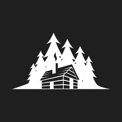 Fototapeta premium Minimalist Log Cabin in Pine Forest Silhouette with Chimney Smoke. Wilderness Nature Home Icon Logo Design.