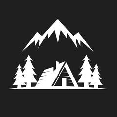 Obraz premium Mountain Cabin and Pine Forest Landscape Silhouette Vector Logo