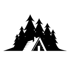 Obraz premium Modern A-frame cabin nestled in a dense pine forest, depicted as a black and white silhouette logo design for nature and outdoor brands.
