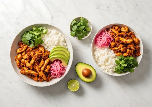 Two white bowls featuring delicious chicken tinga served with fluffy white rice, fresh avocado slices, pickled red onions, and cilantro on a marble table.