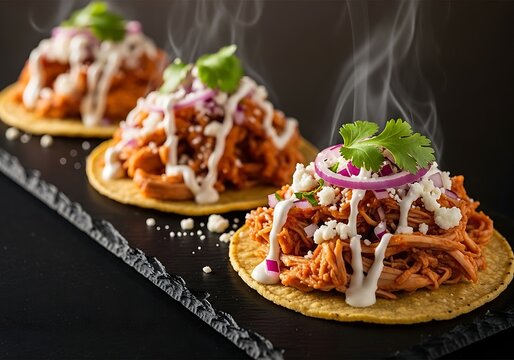 A close-up view of delicious chicken tinga tostadas served on a rustic dark slate board, featuring shredded seasoned meat, creamy sauce, and fresh cilantro.