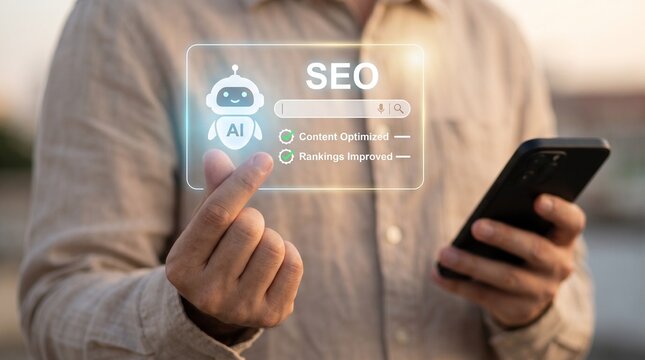 Smart AI SEO tools for rankings improved and content optimised with a digital marketing search engine strategy on a virtual interface