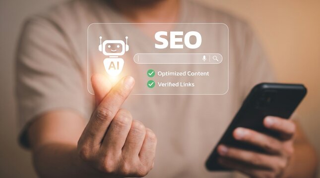 Advanced AI SEO optimization concept with verified link building and optimized content marketing strategy on a digital virtual screen