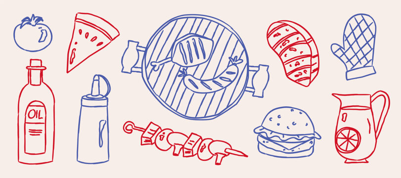Summer outdoor barbecue doodle collection with burger skewer and grill top view vector. Hand drawn picnic party food and kitchen tools line art vintage illustration