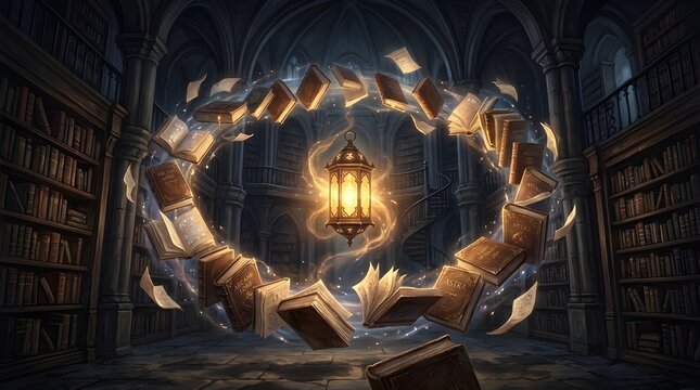 Mystical Floating Books Creating Magic Circle Around Glowing Golden Lantern in Dark Ancient Library Dark Fantasy and Sorcery Concept Generative AI
