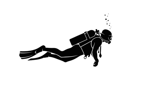 Silhouette of a scuba diver swimming underwater isolated on white