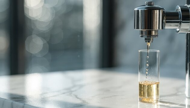 Rich amber liquid is dispensed into a clear glass cup from a metallic dispenser on marble