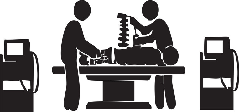 Emergency Medical Trauma Room and Patient Neck Spine Brace Application Silhouette Icon