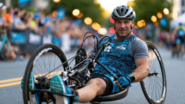 Runner with mobility disability using hand cycle completing community 5K course at golden hour, cheering crowd lining finish corridor, inclusive athletic event, adaptive sports, milestone achievemen