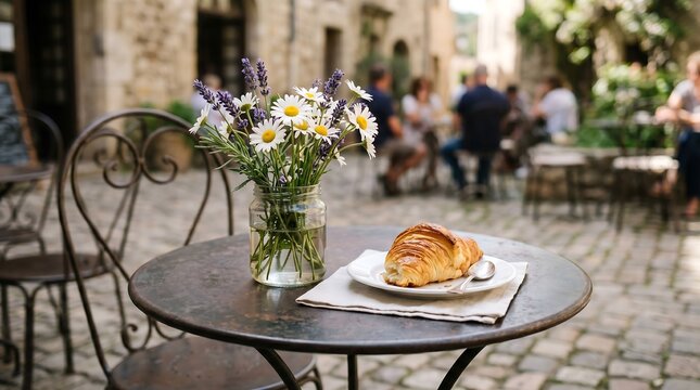Charming outdoor caf scene with croissant, flowers, and rustic ambiance