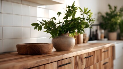 Obraz premium A wooden bowl filled with vibrant green foliage rests on a bright clean kitchen background emphasizing natural textures and fresh living