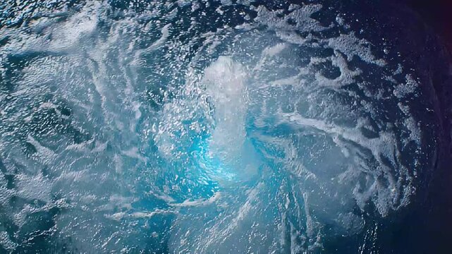 Blue Water Vortex with Bubbles Top View Macro Splash Stock Photo