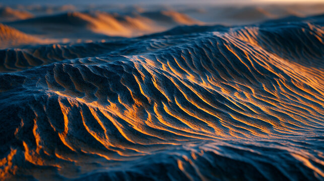 Aerial overhead view of rippled sand dunes casting sharp shadow patterns across a vast desert landscape, abstract natural geometry, golden hour minimal earthscape, travel destination, environment te