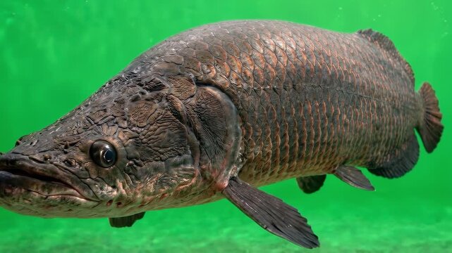 3D animation of a massive realistic Arapaima gigas fish swimming forward close to the camera, detailed scales, against a bright green screen background, suitable for chroma key compositing.