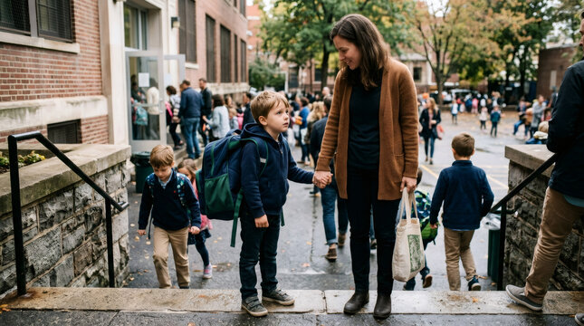 Woman holding hand of schoolboy in front of school building. Mother dropping off child at school on first day. Morning routine for education, family support and student development.