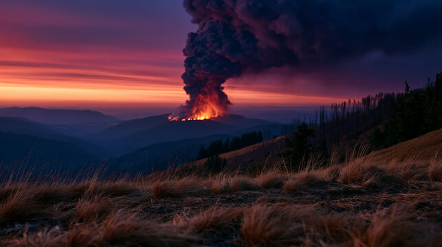 Lone wildfire smoke column rising above a parched summer hillside at dusk, distant rural landscape, environmental crisis documentation, climate change visual, conservation awareness, dramatic horizo
