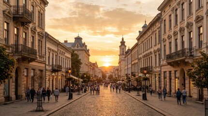 Fototapeta premium Busy street comes alive at sunset, where warmth envelops locals and visitors. People stroll, enjoying the ambiance and charm of the beautiful architecture surrounding them.